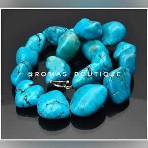 Vintage turquoise Chunk Blue Stone Necklace With Sterling Silver Toggle Clasp